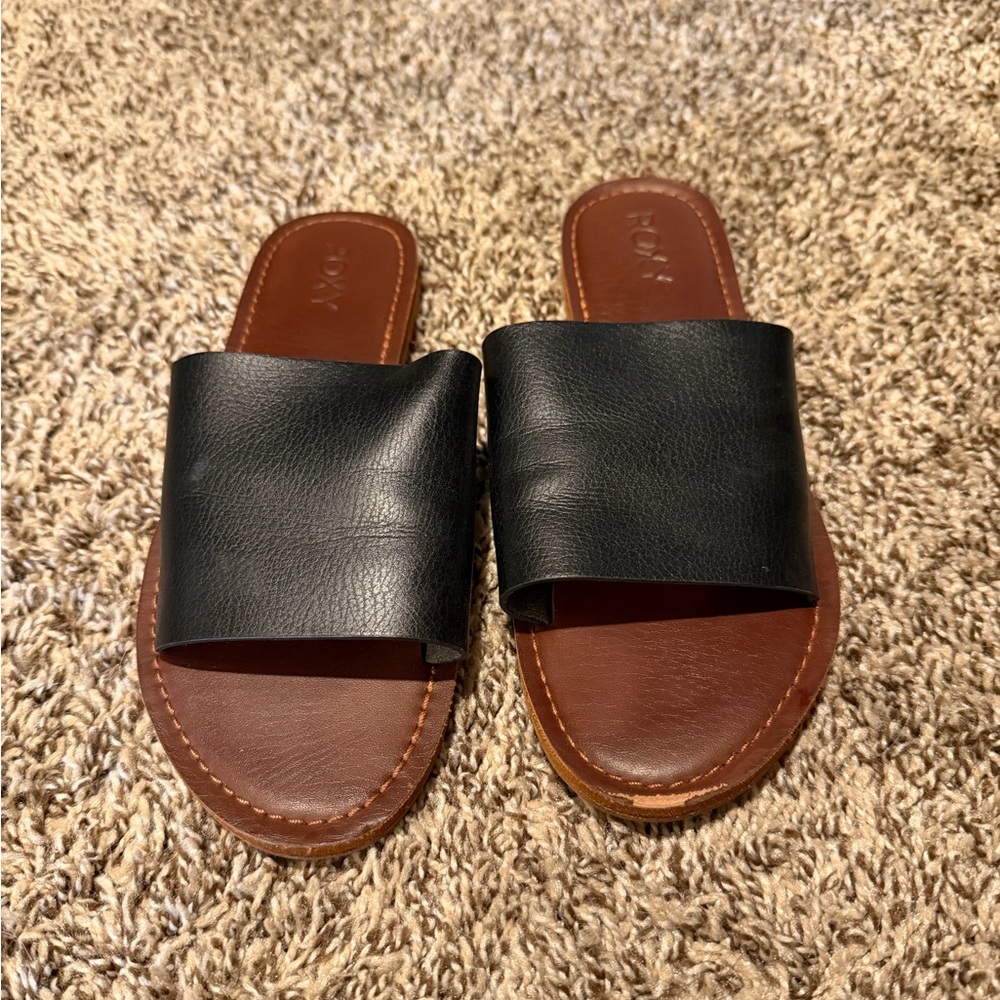 Roxy Black and Brown Leather Slide Sandals
